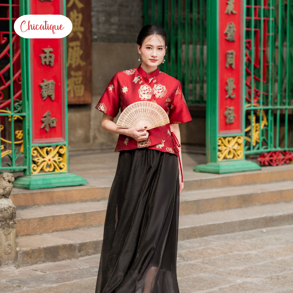 Áo gấm cách tân Mộc Hoa Chicatique gấm thêu cổ tàu hiện đại sang trọng