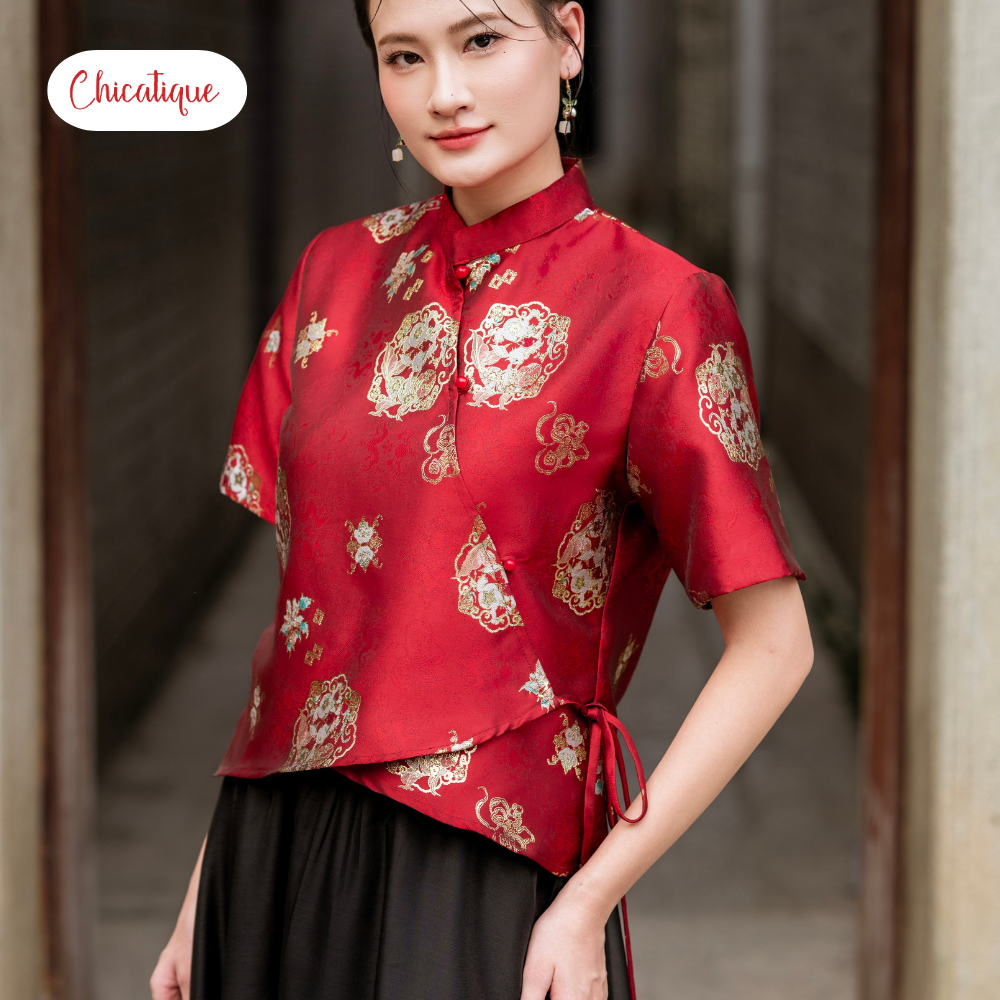 Áo gấm cách tân Mộc Hoa Chicatique gấm thêu cổ tàu hiện đại sang trọng
