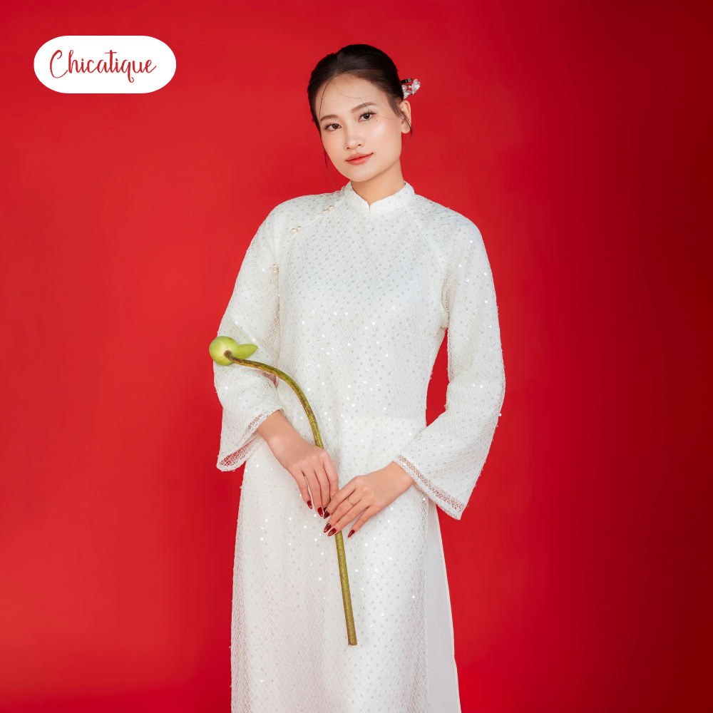 Áo dài Trà Hoa kèm quần lụa Chicatique chất Tơ thêu hoa dáng truyền thống duyên dáng