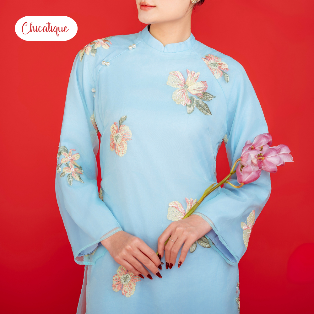 Áo dài Trà Hoa kèm quần lụa Chicatique chất Tơ thêu hoa dáng truyền thống duyên dáng
