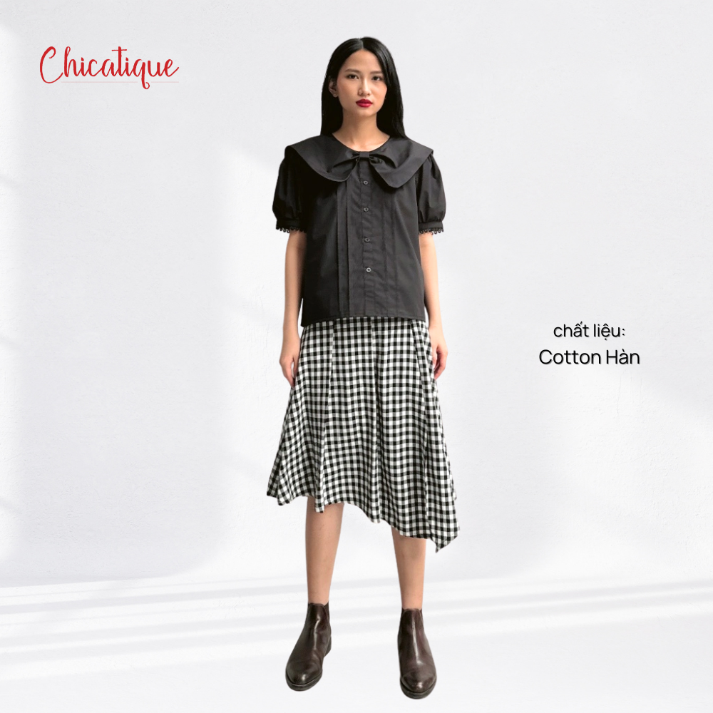 Chân váy công sở thiết kế Chicatique Aria caro đen trắng dáng xòe thanh lịch chất liệu cotton Hàn Quốc mềm mát