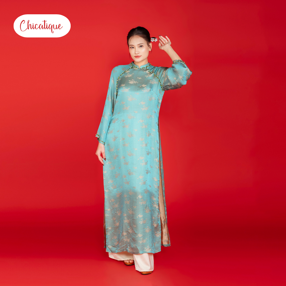 Áo dài Kỳ Hoa Chicatique 100% Tơ Tằm đính đá thủ công sang trọng
