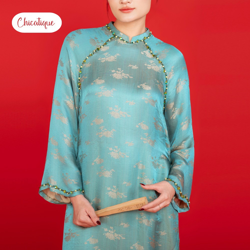 Áo dài Kỳ Hoa Chicatique 100% Tơ Tằm đính đá thủ công sang trọng