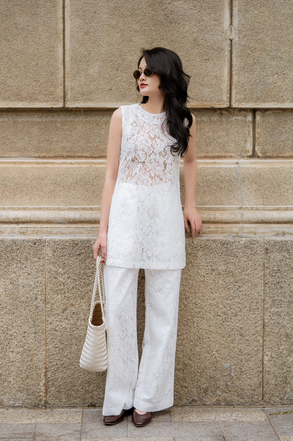 Set áo kèm quần CHICATIQUE Rinny ren Hàn trắng