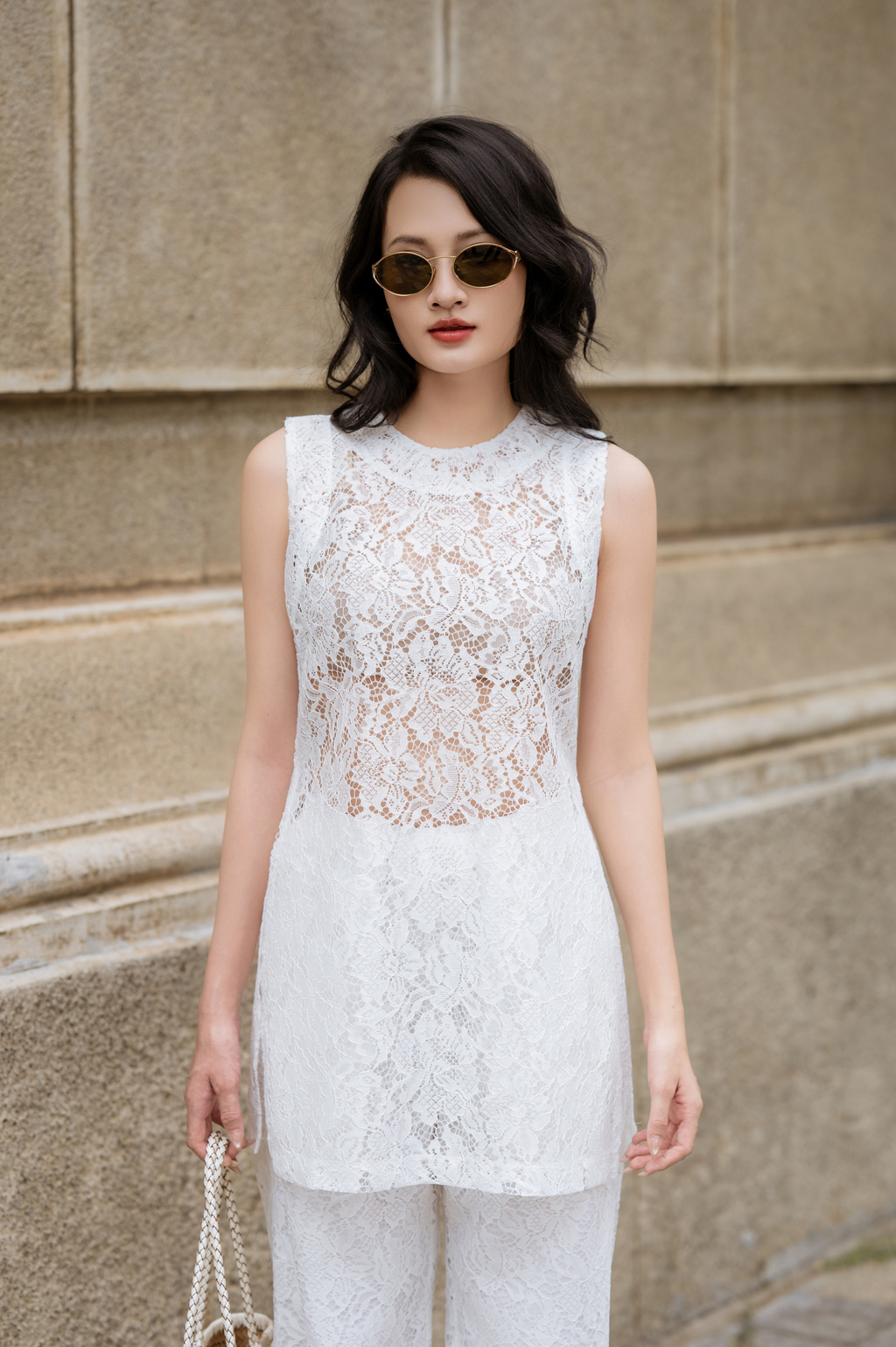 Set áo kèm quần CHICATIQUE Rinny ren Hàn trắng