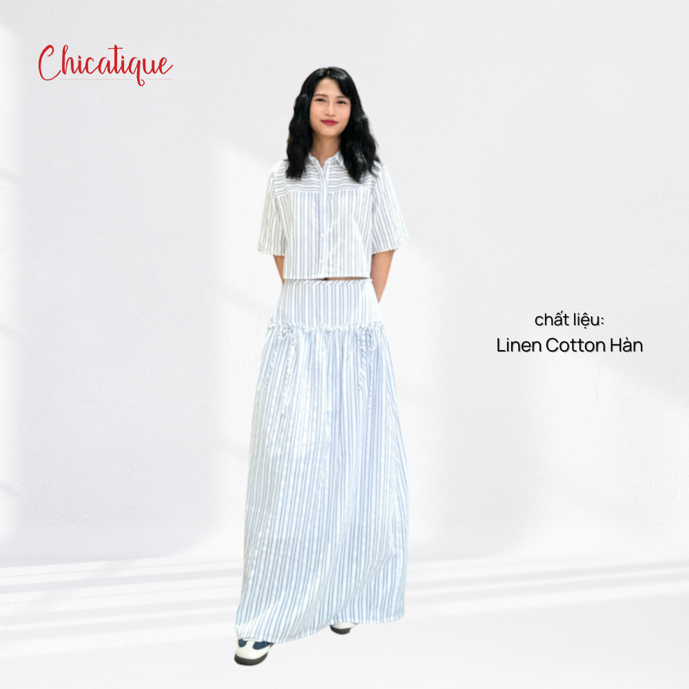 Váy maxi thiết kế Chicatique Marbel chất linen cotton Hàn dáng suông kẻ sọc sang trọng thanh lịch nữ tính