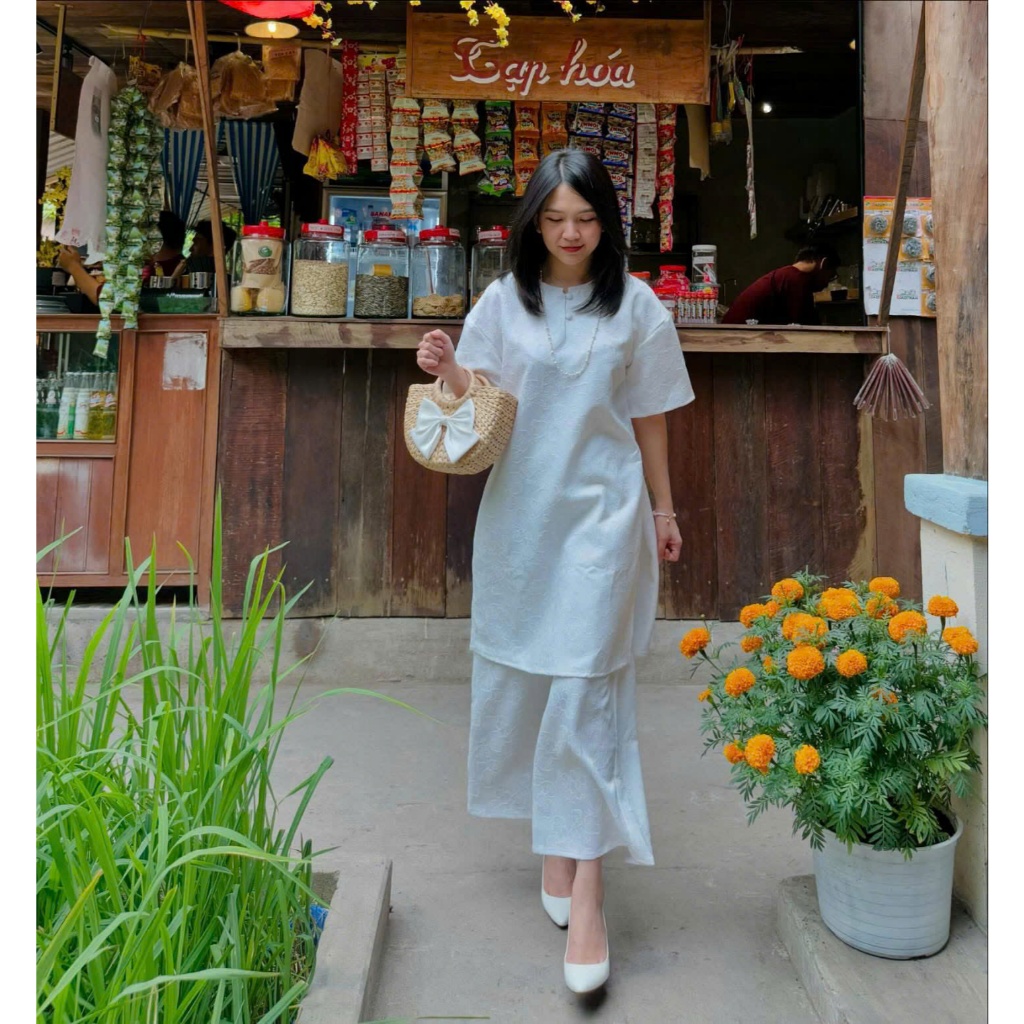 Set áo dài cách tân thiết kế Chicatique Ý Viên chất gấm Hàn form truyền thống quần suông tôn dáng