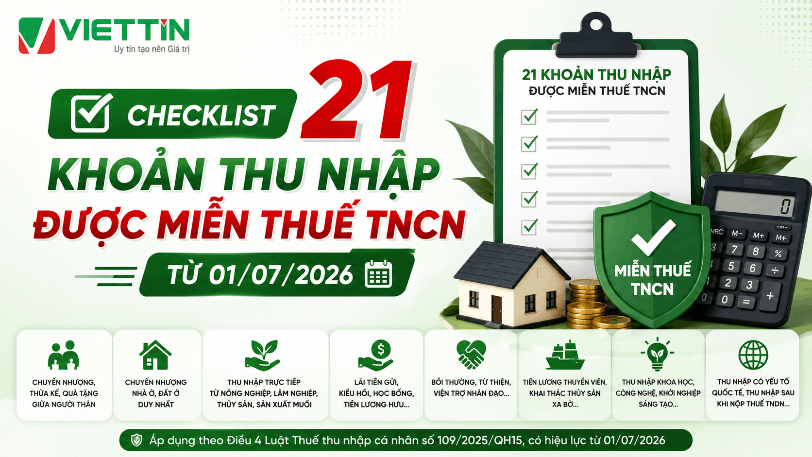 21 Khoản thu nhập được miễn thuế TNCN từ 01/07/2026