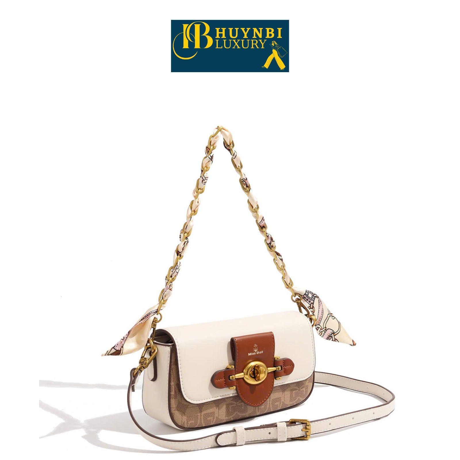 Túi Đeo Chéo và Đeo Vai HUYNBI-A05 2 Dây phối Khăn Lụa Kích thước 22cm cho Nữ - Bag (KÈM HỘP) Kem
