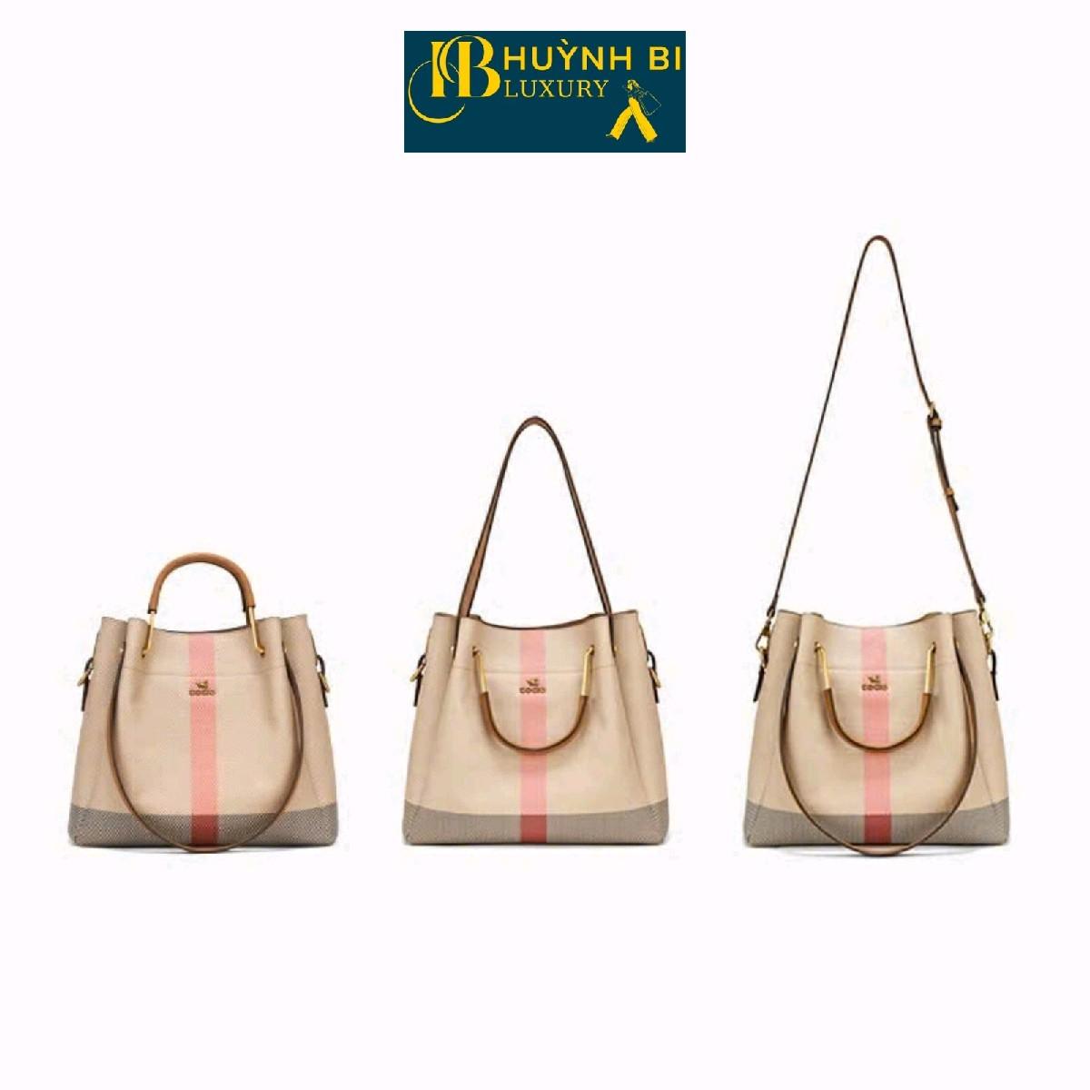 Túi Xách Đi Tiệc Sang Trọng Da Bò Thật, 5 Ngăn HUỲNHBI-S16 Vân Sọc Thời Thượng KT 28X24X10 Bag Nữ Kem
