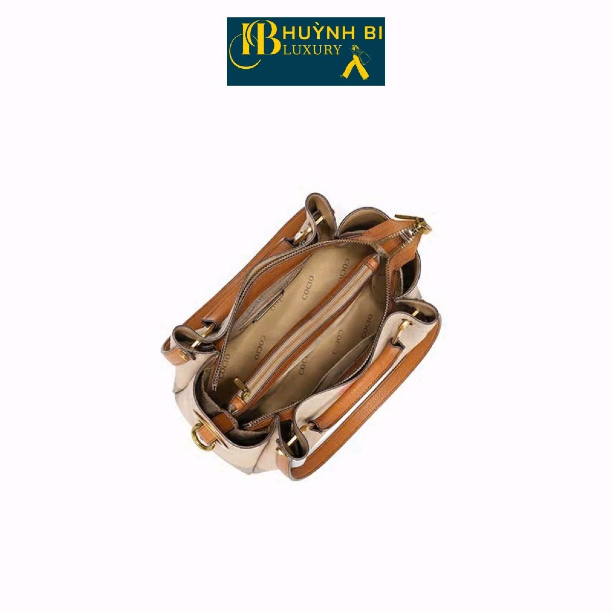 Túi Xách Đi Tiệc Sang Trọng Da Bò Thật, 5 Ngăn HUỲNHBI-S16 Vân Sọc Thời Thượng KT 28X24X10 Bag Nữ Kem