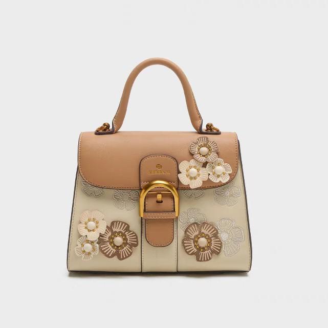 Túi Xách Nữ Da bò HUỲNHBI-D45 Đính Hoa Sang Trọng Kích Thước 21cm Bag Da hersani, túi đi tiệc sang trọng Hoa Len Kem