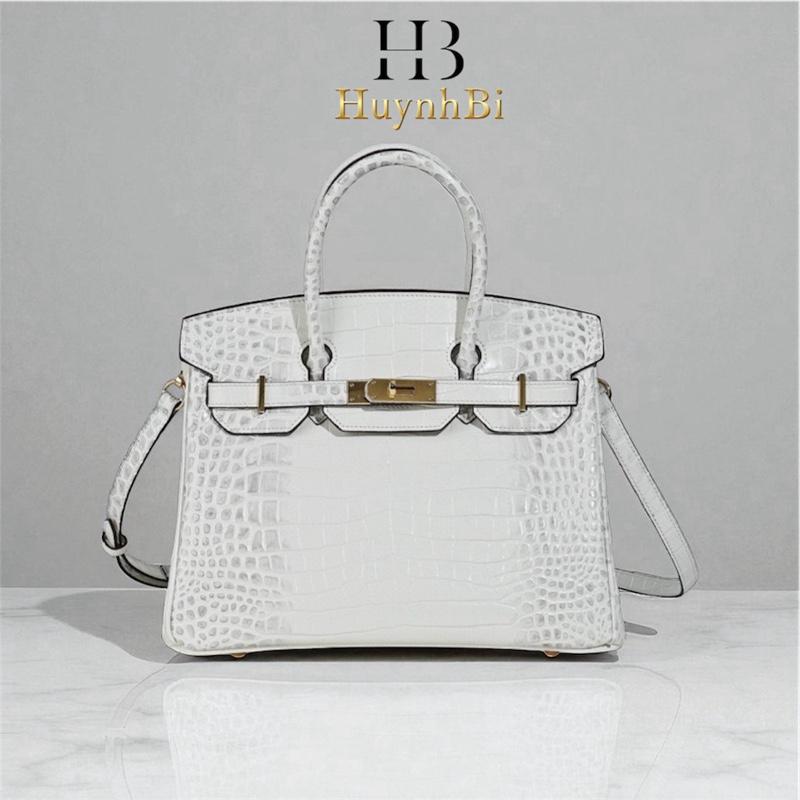 L9_Túi Xách Nữ Birkin Da Bò Nhập Khẩu, Hoạ Tiết Cá Sấu Kích thước 25cm