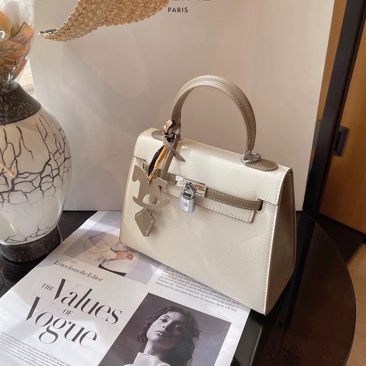 K5_Túi Xách Đi Tiệc Nữ Kelly Da Bò Thật size 25cm Khóa Bạc KÈM HỘP- HUỲNH BI Luxury Bag Kem