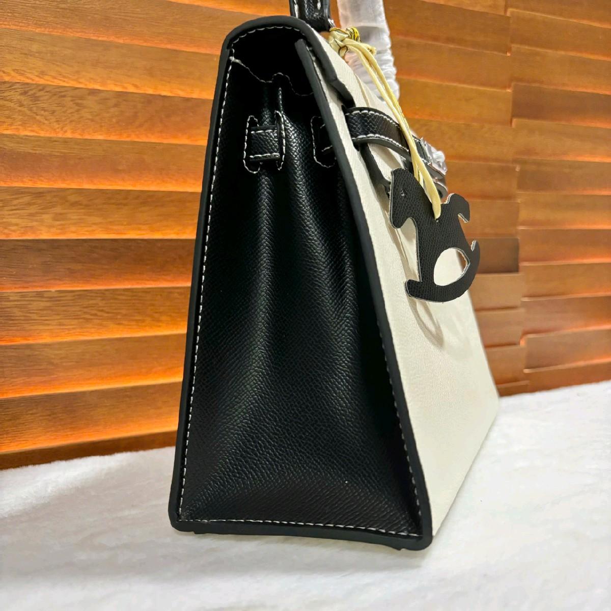 K5_Túi Xách Đi Tiệc Nữ Kelly Da Bò Thật size 25cm Khóa Bạc KÈM HỘP- HUỲNH BI Luxury Bag Kem