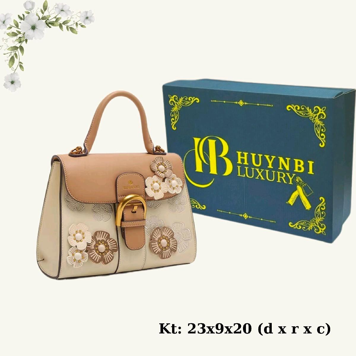 Túi Xách Nữ Da bò HUỲNHBI-D45 Đính Hoa Sang Trọng Kích Thước 21cm Bag Da hersani, túi đi tiệc sang trọng Hoa Len Kem