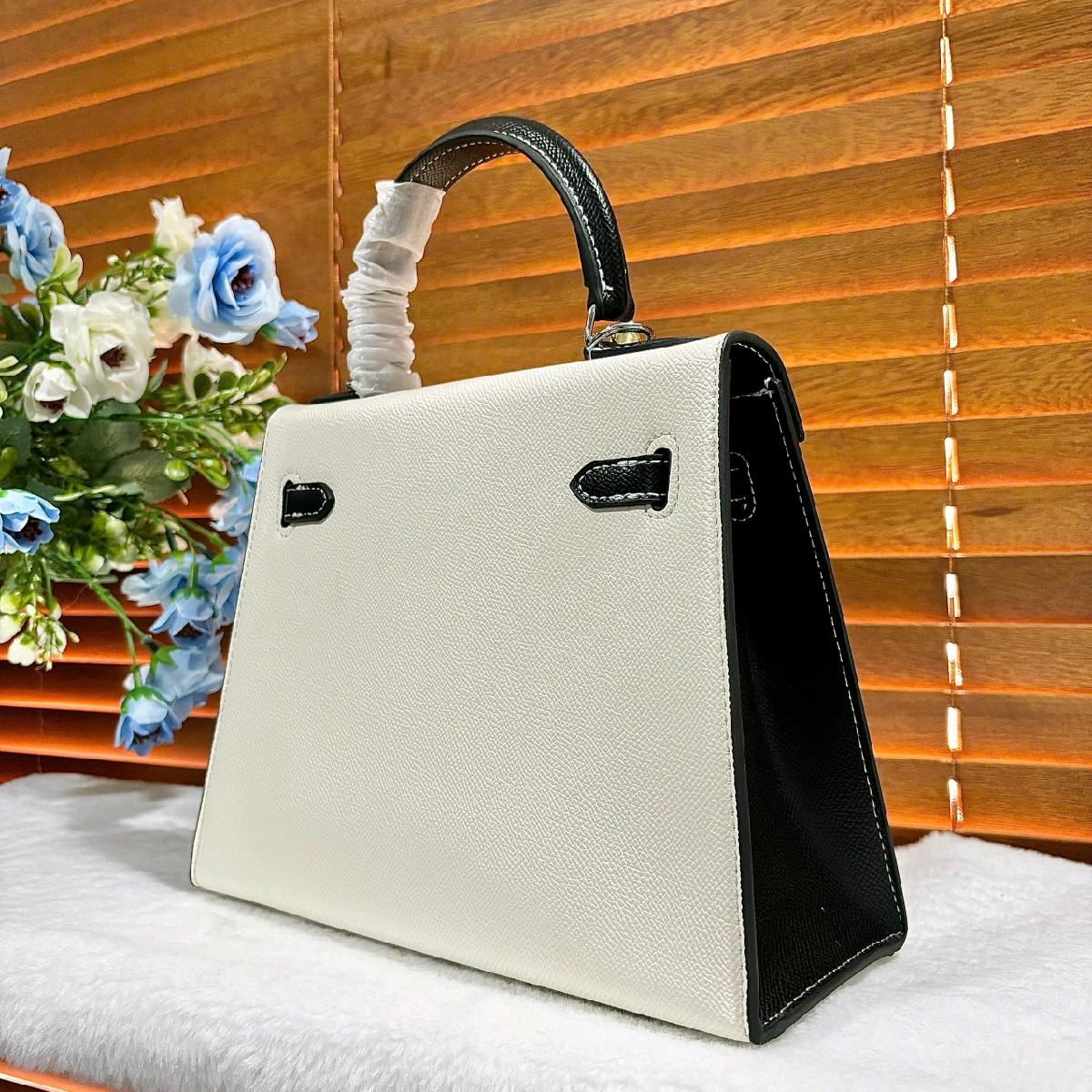 K5_Túi Xách Đi Tiệc Nữ Kelly Da Bò Thật size 25cm Khóa Bạc KÈM HỘP- HUỲNH BI Luxury Bag Kem