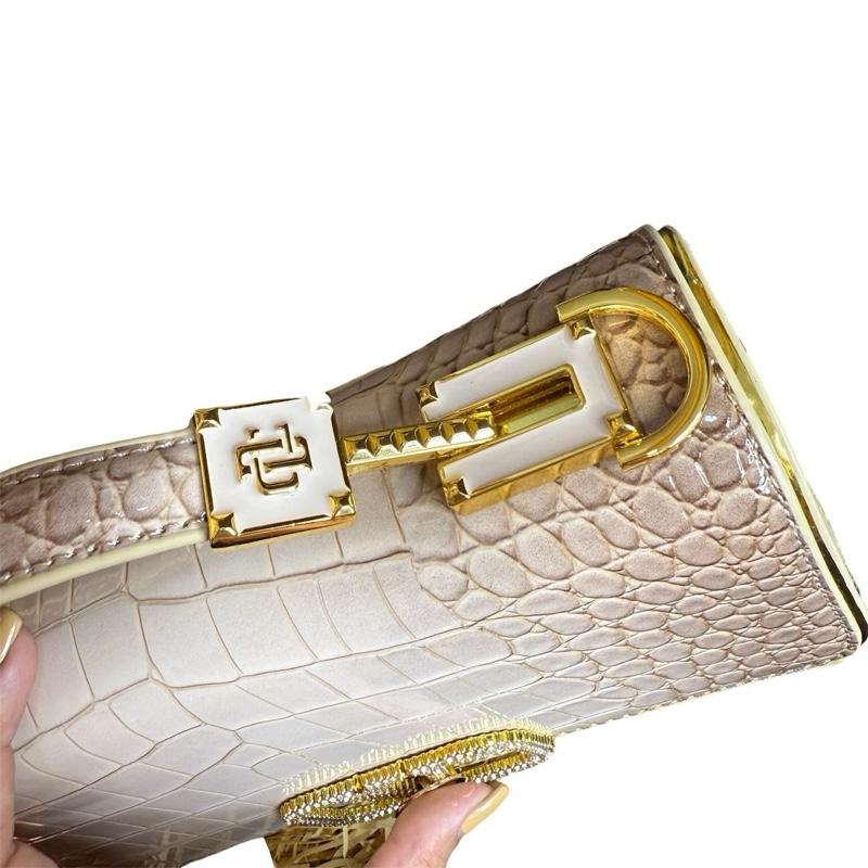 HuynhBi D2_Túi Xách Da Bò Dập Vân Cá Sấu Kích Thước 24cm, 5 Ngăn Có 2 Dây Đeo Chéo, Có Hộp Làm Quà Tặng