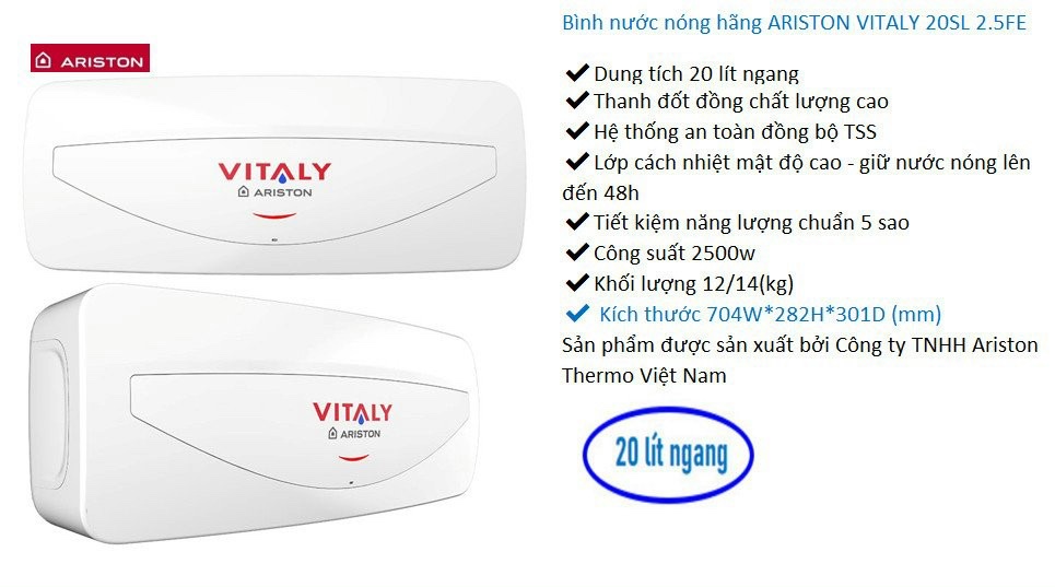 Bình nóng lạnh Ariston chống giật VITALY 20SL 20 lít
