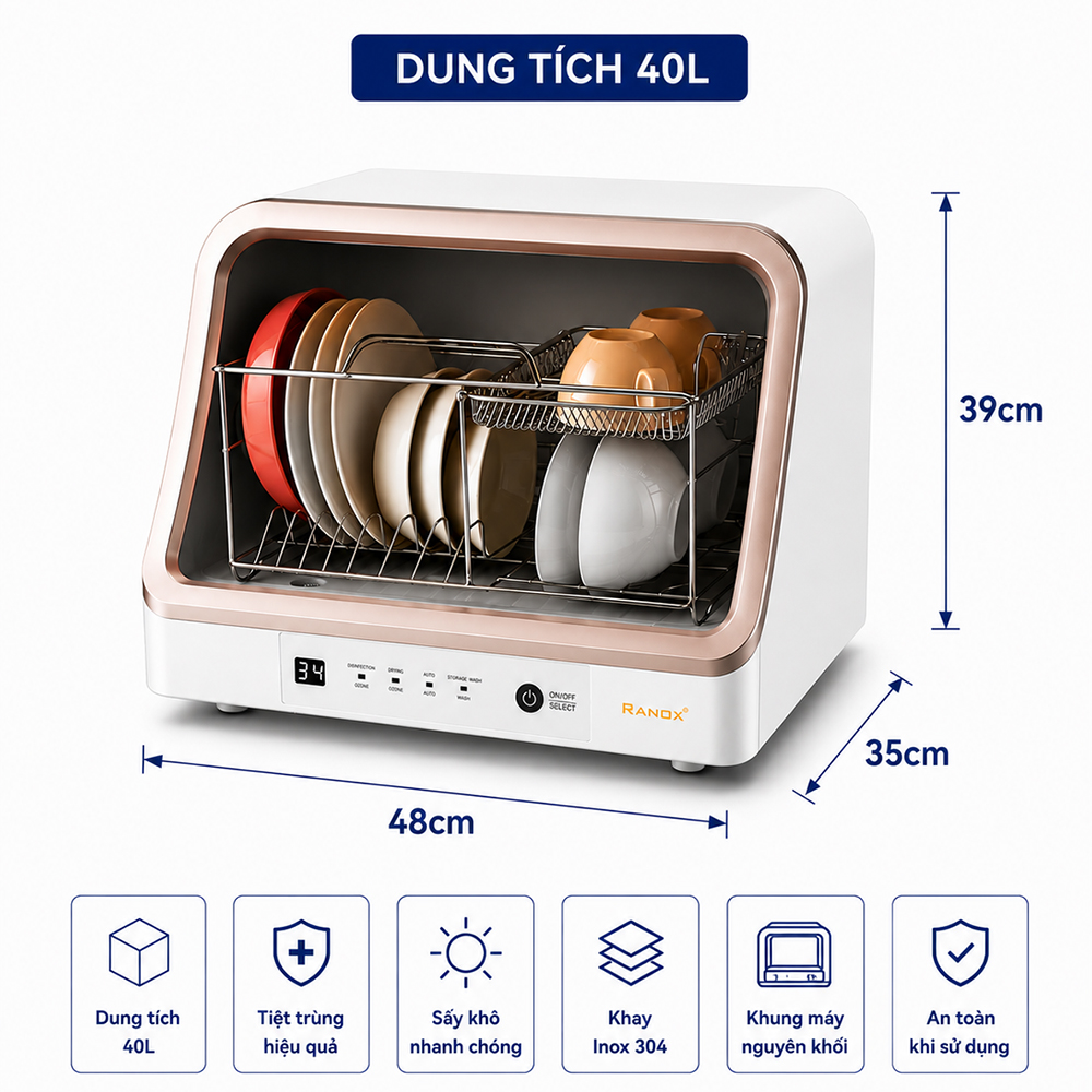 MÁY SẤY CỰC TÍM RANOX 40L, SẤY KHÔ KHỬ KHUẨN BÁT ĐĨA, BÌNH SỮA, ĐỒ SƠ SINH