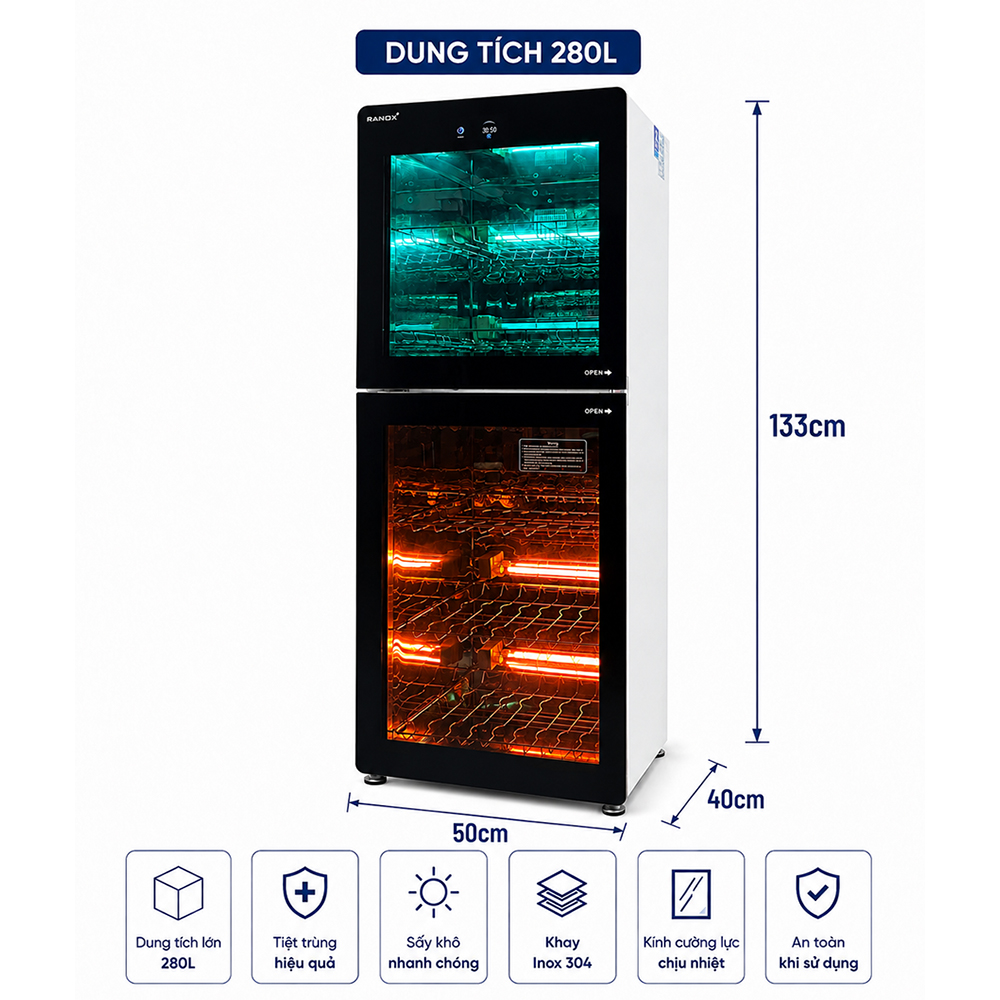 TỦ SẤY BÁT ĐĨA RANOX 280L CAO CẤP
