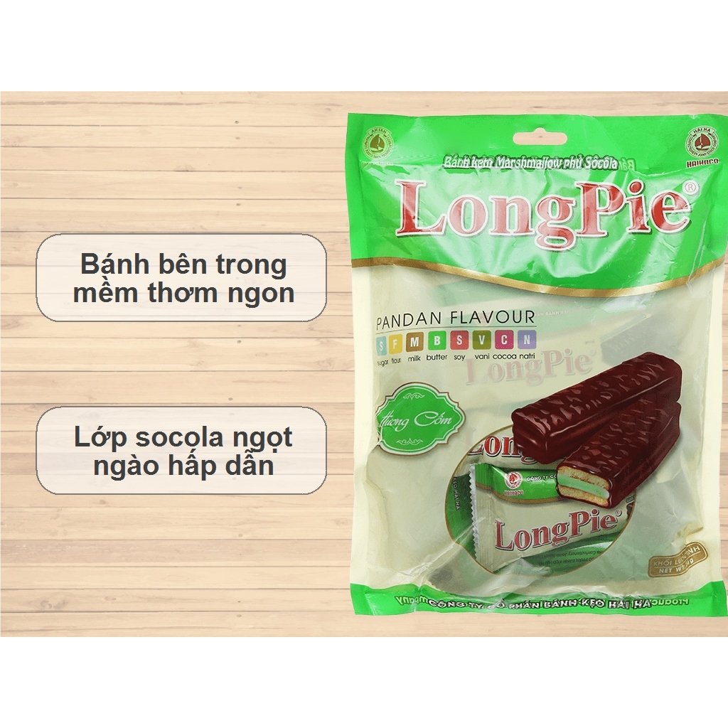 Bánh longpie Hải Hà kem marshmallow phủ socola hương cốm gói 216g