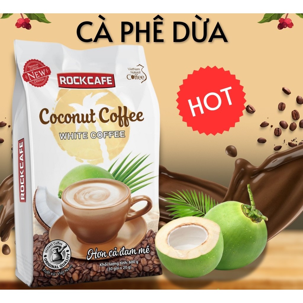 Cà Phê SẦU RIÊNG Rockcafe Túi 30 gói x 20g, Cà Phê VỊ DỪA Rockcafe Túi 30 gói x 20g