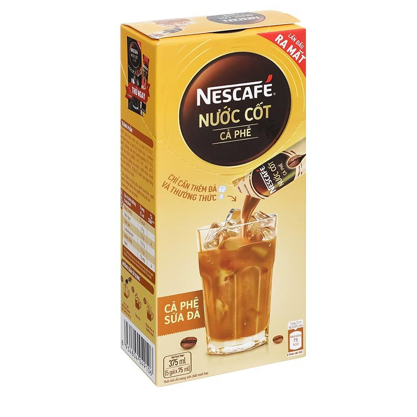 Hộp 5 gói nước cốt cà phê sữa NesCafé 75ml, cà phê đen NesCafé 75ml.