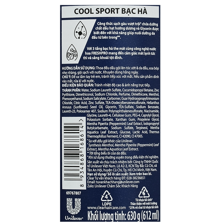 Dầu Gội Clear Cool Sport Bạc Hà 630g