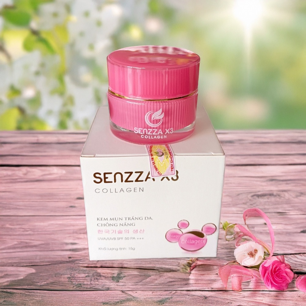 Kem mụn trắng da chống nắng Senzza x3 Collagen 15g