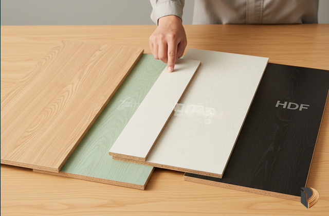 Bốn loại ván MDF phổ biến dùng trong gia công nội thất: MDF thường, MDF chống ẩm (lõi xanh), MDF phủ Melamine, và HDF