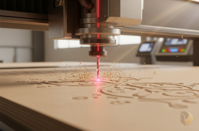 Công nghệ cắt CNC gỗ MDF tại xưởng MDF365, gia công chi tiết hoa văn phức tạp với độ chính xác cao.