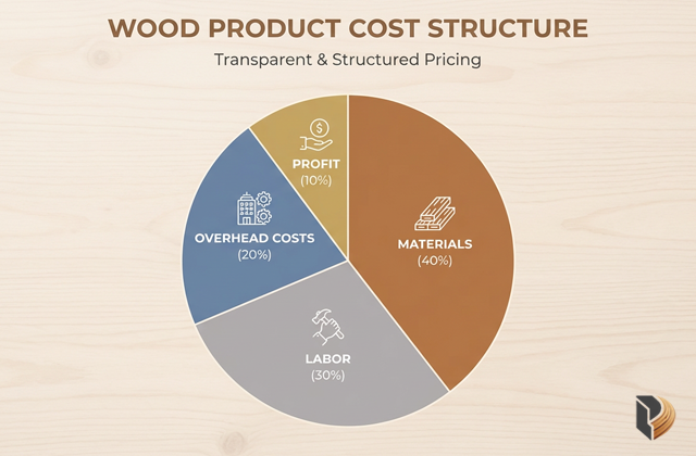 iểu đồ minh họa cơ cấu giá thành sản phẩm gỗ: Nguyên liệu, Nhân công, Phụ phí và Lợi nhuận