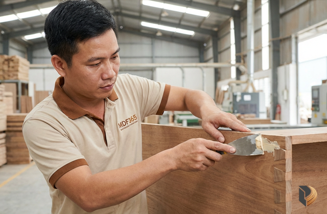 Người thợ đang sử dụng bột trét chuyên dụng để xử lý mối ghép gỗ không khít một cách nhanh chóng.