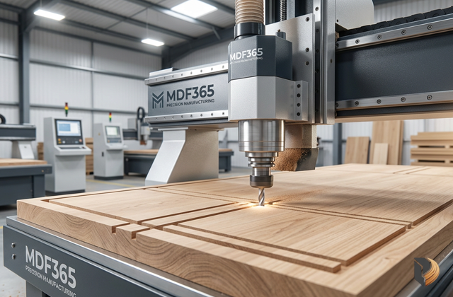 Máy CNC hiện đại tại xưởng MDF365 cắt ván gỗ với độ chính xác cao, đảm bảo mối ghép khít tuyệt đối.