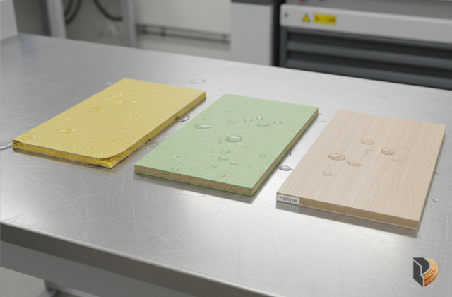 Kết quả ván MDF chịu nước: Mẫu 1 hỏng, Mẫu 2 trương nở, Mẫu 3 (gia công keo PUR) không bị ảnh hưởng