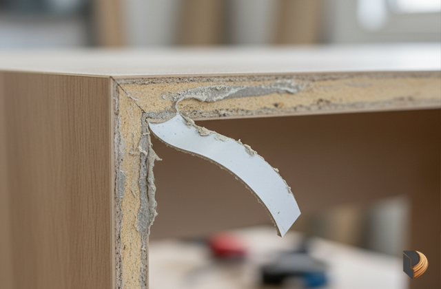 Hiện tượng bung nẹp MDF do lỗi gia công, gây mất thẩm mỹ và giảm tuổi thọ của sản phẩm nội thất