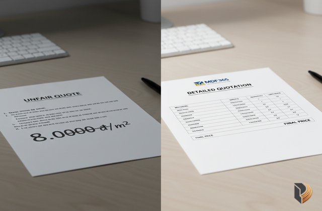 So sánh báo giá gia công MDF mập mờ theo m² (trái) và báo giá bóc tách chi tiết theo công nghệ của MDF365 (phải).