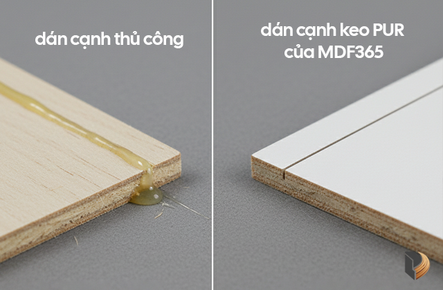 So sánh giữa dán cạnh thủ công (trái) và giải pháp dán cạnh keo PUR của MDF365 (phải) giúp viền nẹp MDF không bong tróc