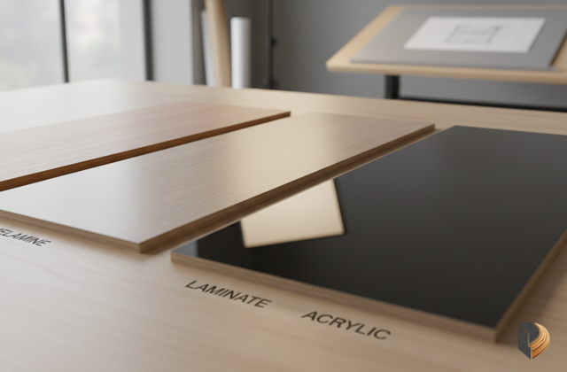 So sánh trực quan bề mặt của ván MDF phủ Melamine, Laminate và Acrylic tại xưởng gia công MDF365