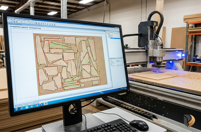 Màn hình phần mềm Nesting tối ưu đường cắt trên máy CNC tại MDF365 giúp tiết kiệm tối đa nguyên liệu gỗ.