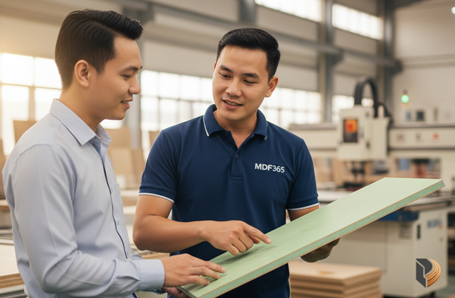 Chuyên gia MDF365 tư vấn khách hàng cách chọn loại MDF chống ẩm phù hợp ngay tại xưởng gia công