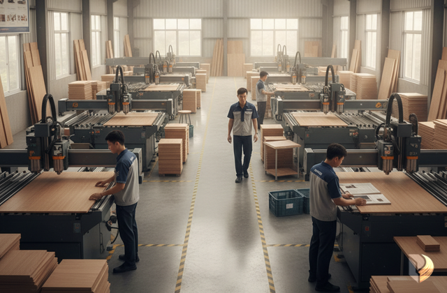 Toàn cảnh xưởng gia công gỗ công nghiệp MDF365 với hệ thống máy móc hiện đại và quy trình chuyên nghiệp, sẵn sàng đáp ứng mọi đơn hàng.