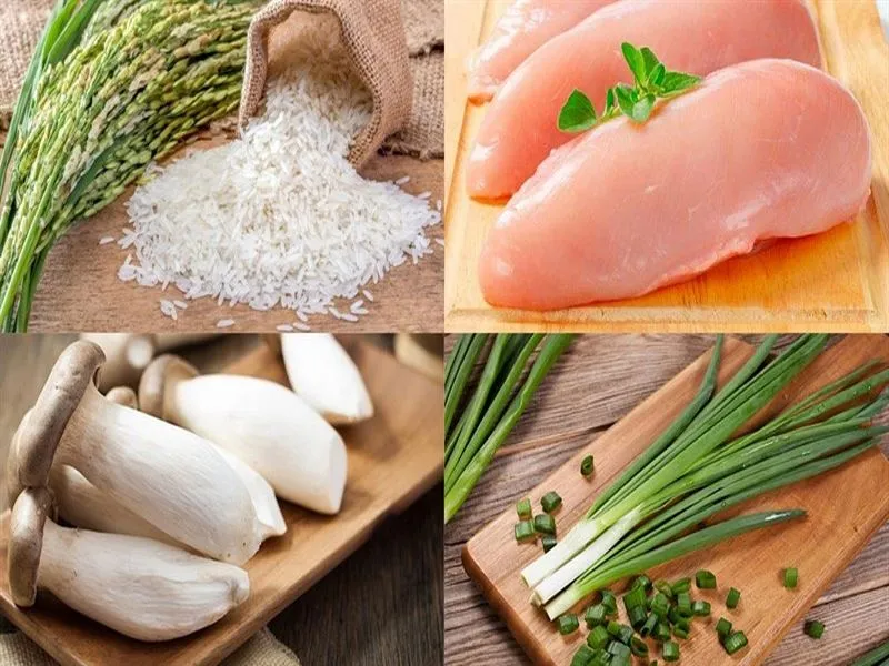 Nguyên liệu cho món cháo gà nấm