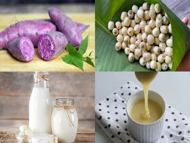Nguyên liệu chuẩn bị của món sữa hạt khoai lang tím mix hạt sen