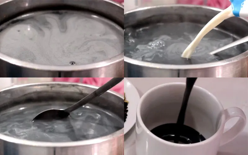 Nấu hỗn hợp để hoàn thành món sữa hạt sen mè đen