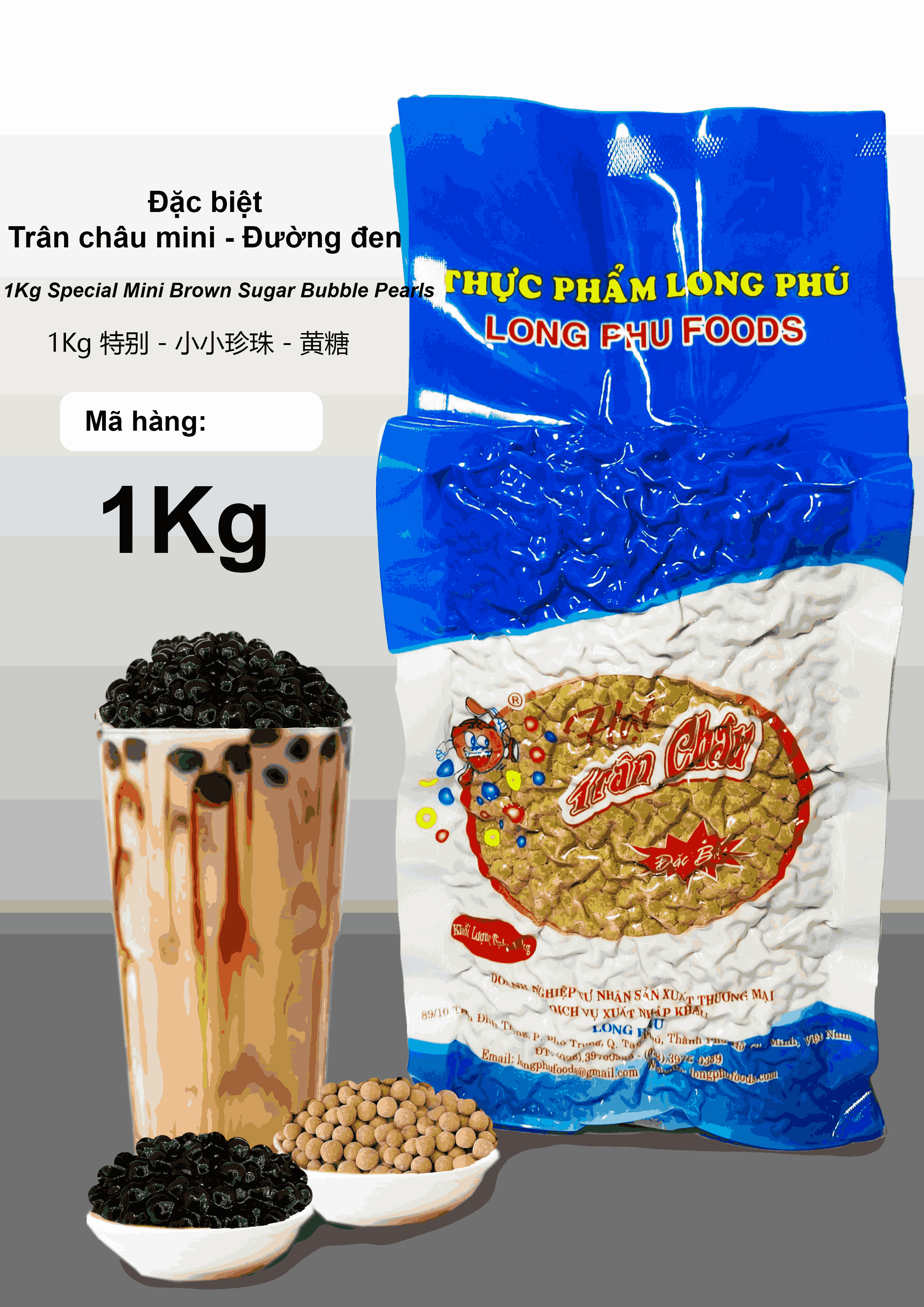 Trân châu Mini ĐƯỜNG ĐEN Đặc Biệt Long Phú gói 1kg - Size mini (hạt tiêu) 1.2li - Không có vị ngọt