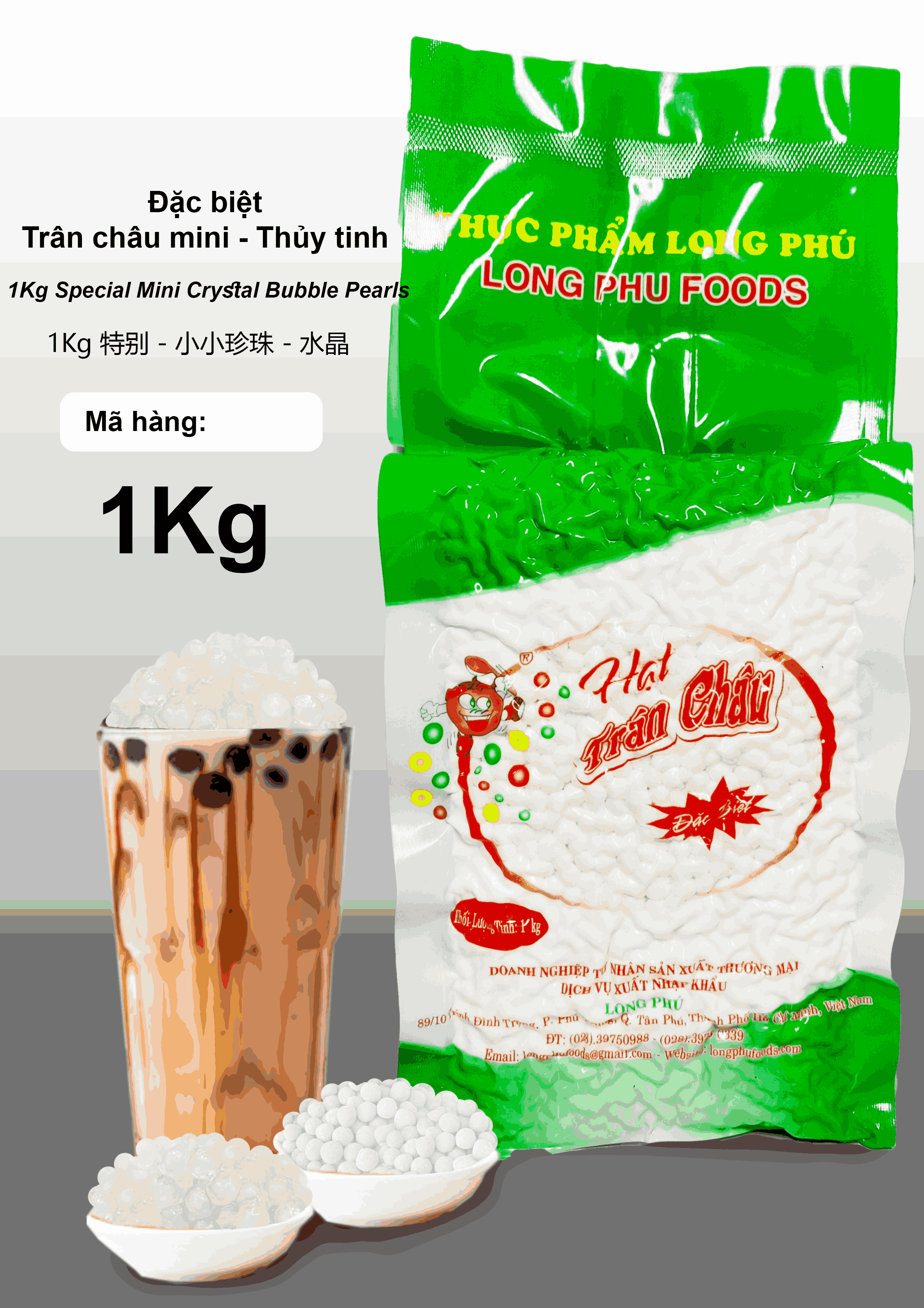 Trân châu Mini TRẮNG THỦY TINH Đặc Biệt Long Phú gói 1kg - Size mini (hạt tiêu) 1.2li - Không có vị ngọt