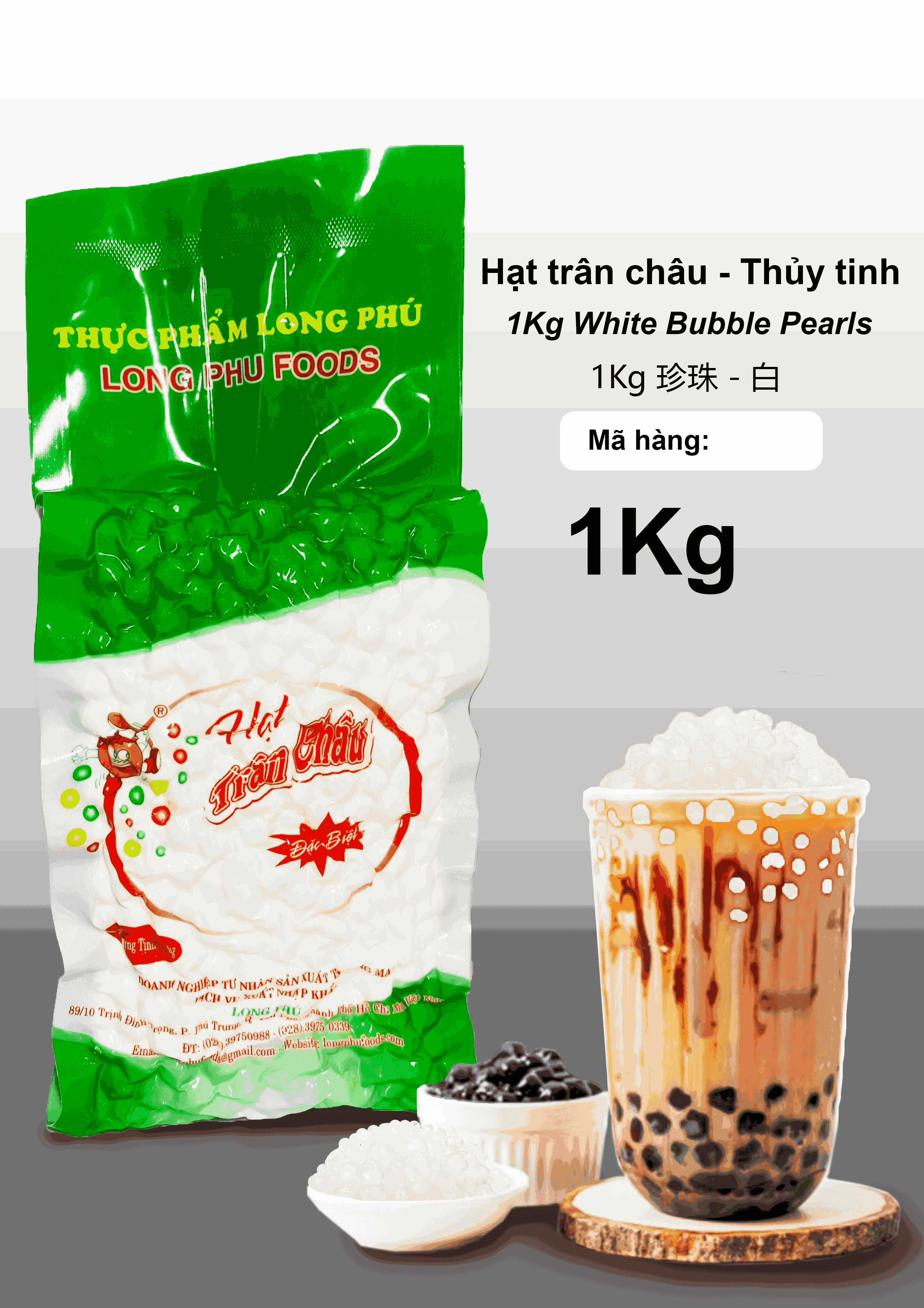 Trân châu TRẮNG THỦY TINH Đặc Biệt Long Phú gói 1kg - Size Trung Truyền thống - Không có vị ngọt