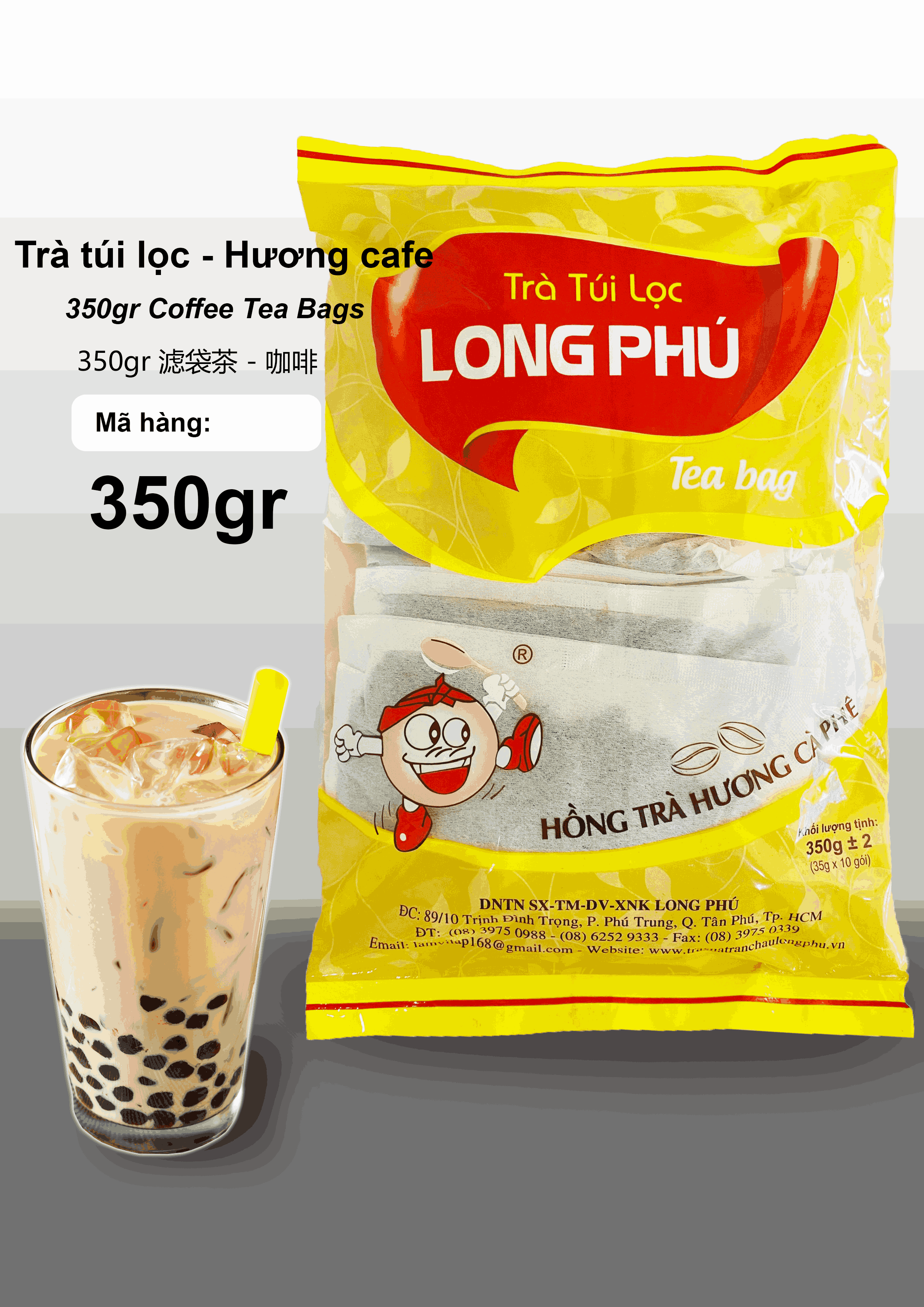 Hồng Trà CAFE Đặc Biệt Túi lọc Long Phú gói 350gr (10gói*35gr) - Thơm hương Cà Phê, đậm vị trà thiên nhiên